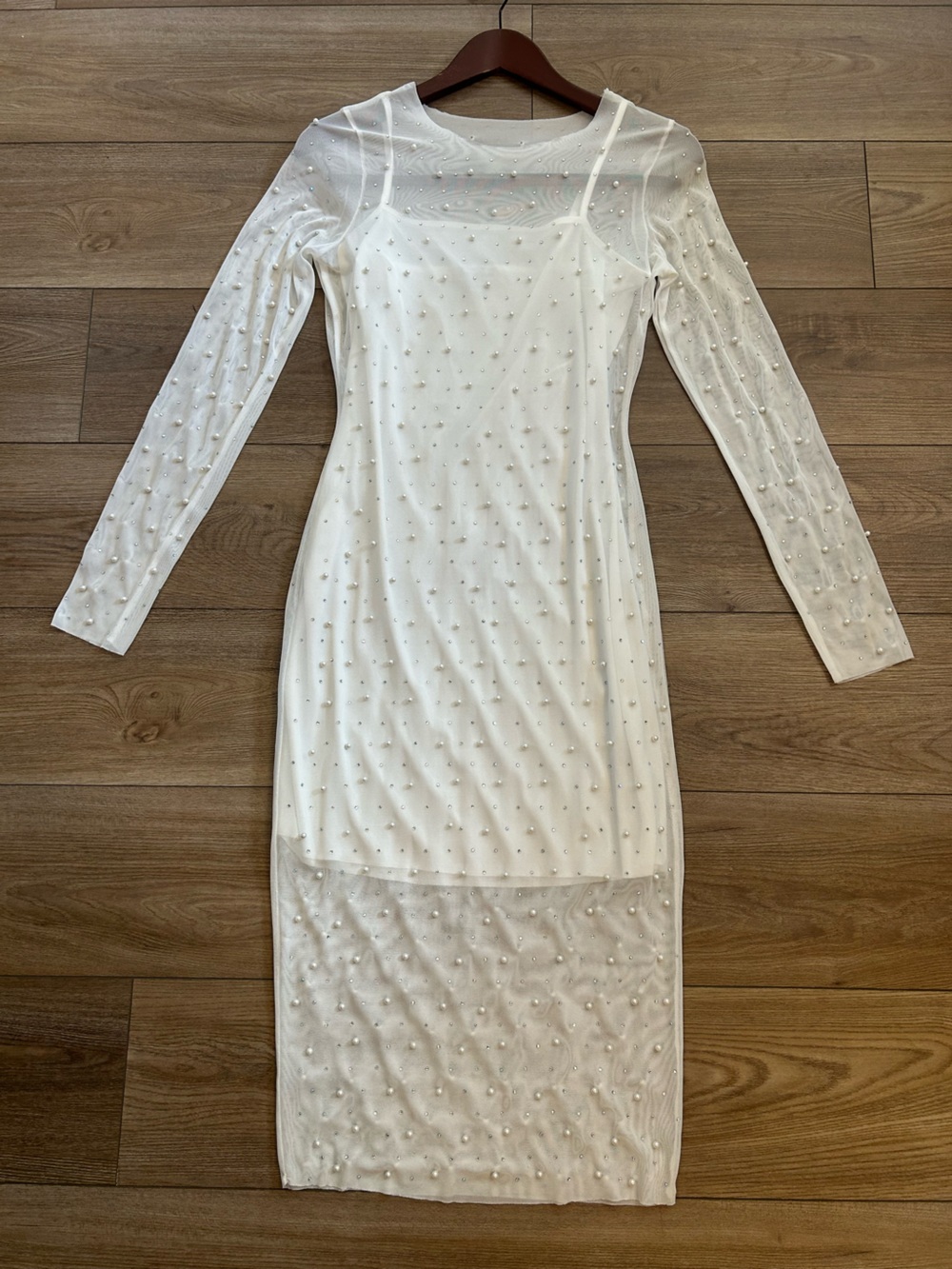 Sincerely Jules Pearl Mesh Midi Dress White Sheer Long Sleeve Size Large